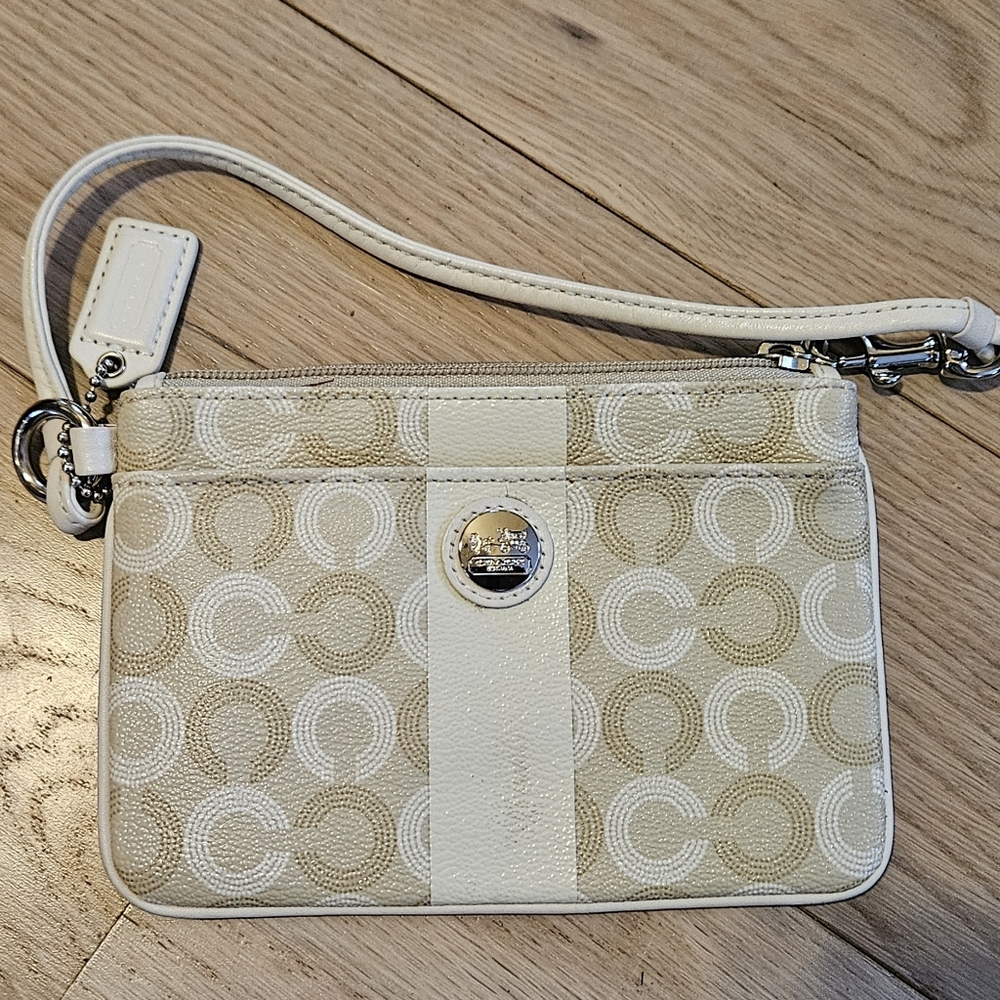 Beige and White Wristlet with Logo